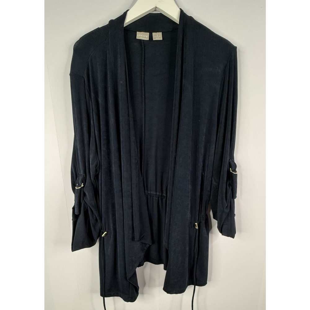 Chico's Travelers Womens Sz 3 XL Navy Blue Slinky Roll Tab Cardigan Tie‎ Waist